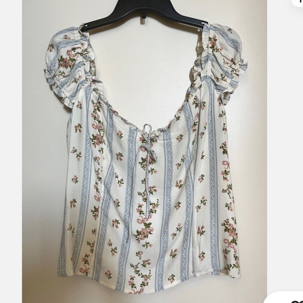 Reformation White and Blue Off-Shoulder Ruffled Blouse